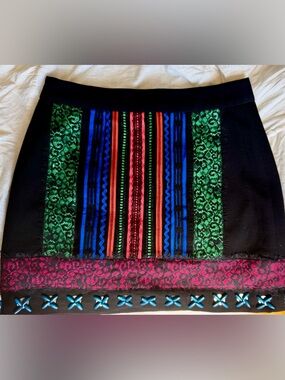 Nanette Lepore Black Mini Skirt with Green, Blue, Pink and Red Accents